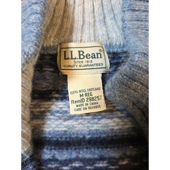 Vintage LL Bean Sweater Wool 1/4 Zip Fair Isle Geometric Nordic Ski Blue Medium - Picture 6 of 8